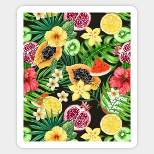 Tropical mix-fruit, flowers and leaves on black Sticker